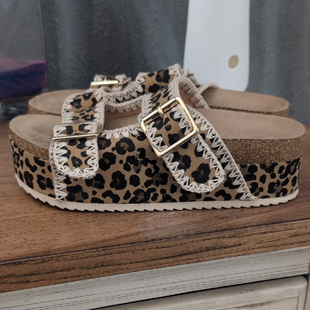 MIA Leopard Print Platform Sandals with Gold Buckles